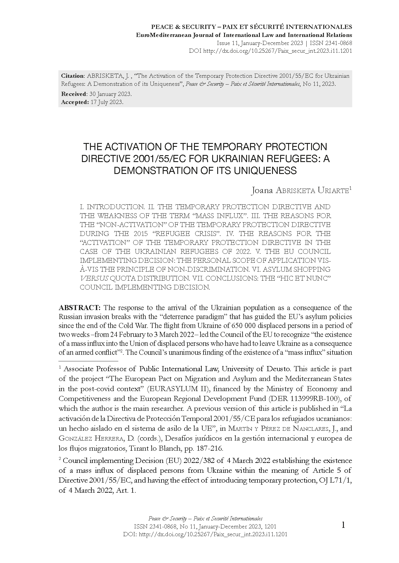 The Activation of the Temporary Protection Directive 2001/55/CE for Ukrainian Refugees: A Demonstration of its Uniqueness