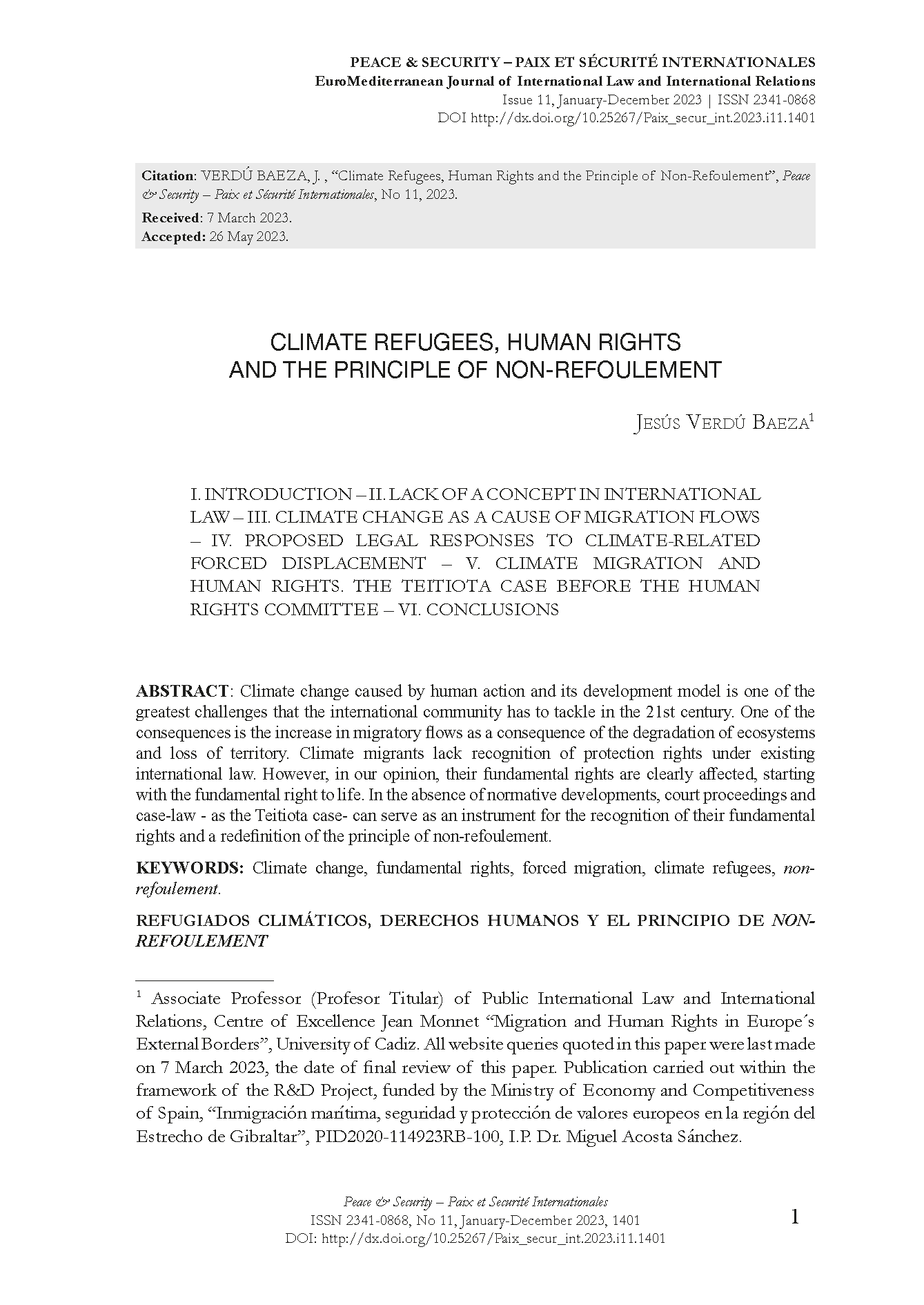 Climate Refugees, Human Rights and the Principle of Non-Refoulement