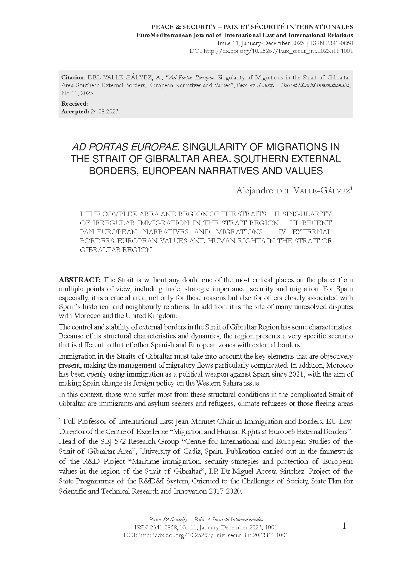 Ad Portas Europae. Singularity of Migrations in the Strait of Gibraltar Area. Southern External Borders, European Narratives and Values