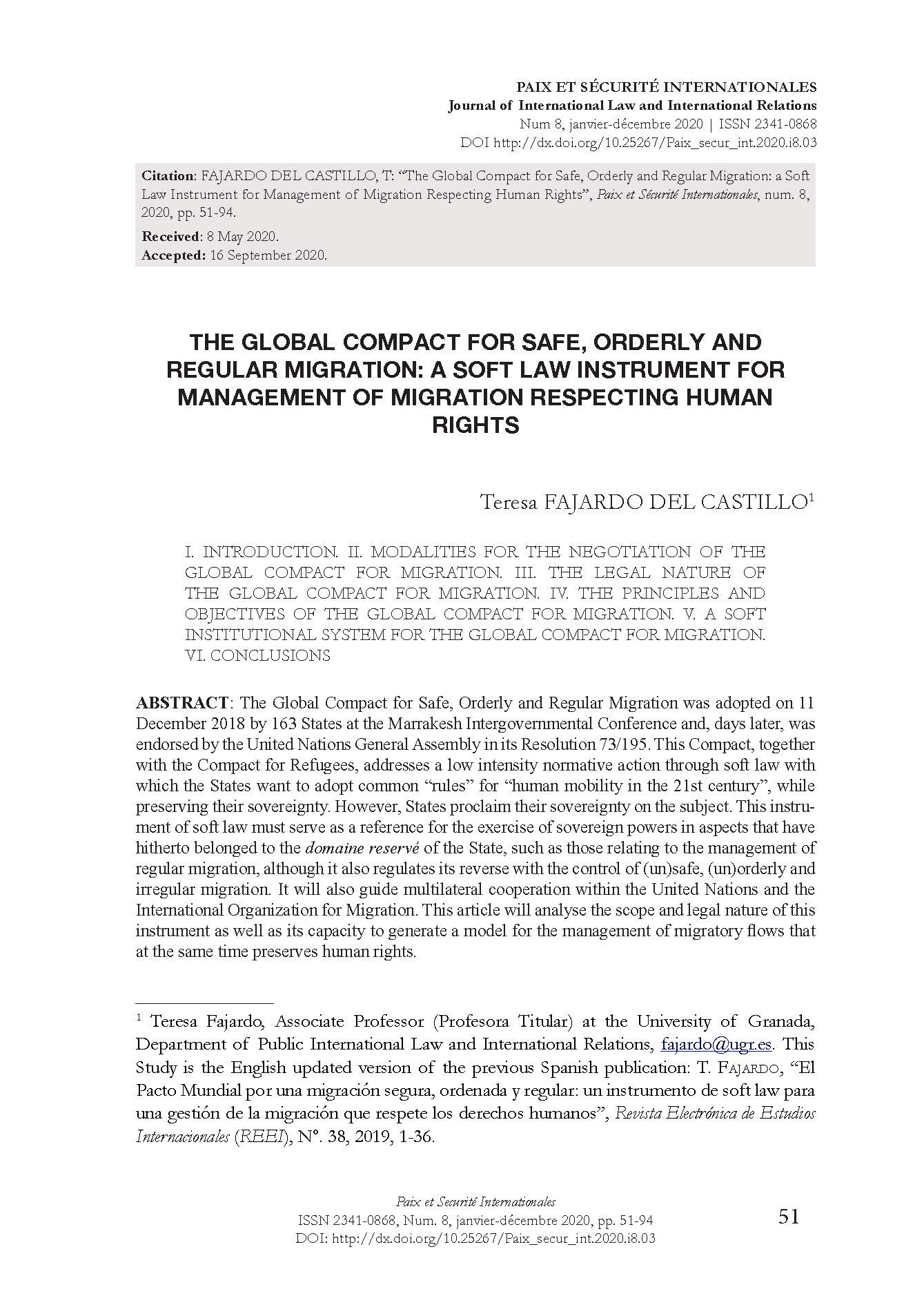 The Global Compact for safe, orderly and regular migration: a Soft Law instrument for management of migration respecting human rights
