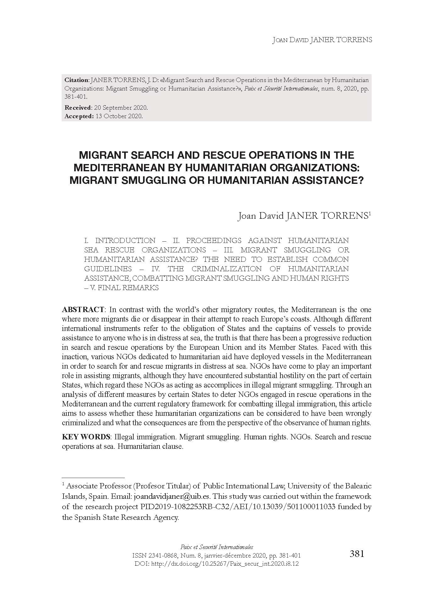 Migrant Search and Rescue Operations in the Mediterranean by Humanitarian Organizations: Migrant Smuggling or Humanitarian Assistance?