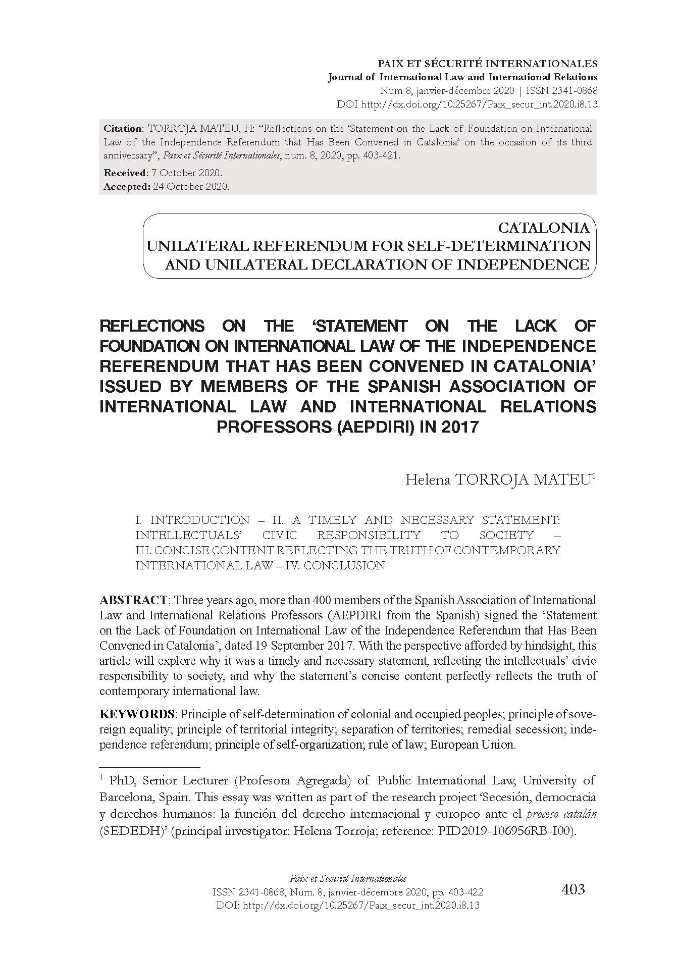 Reflections on the ‘Statement on the Lack of Foundation on International Law of the Independence Referendum that Has Been Convened in Catalonia’ on the occasion of its third anniversary