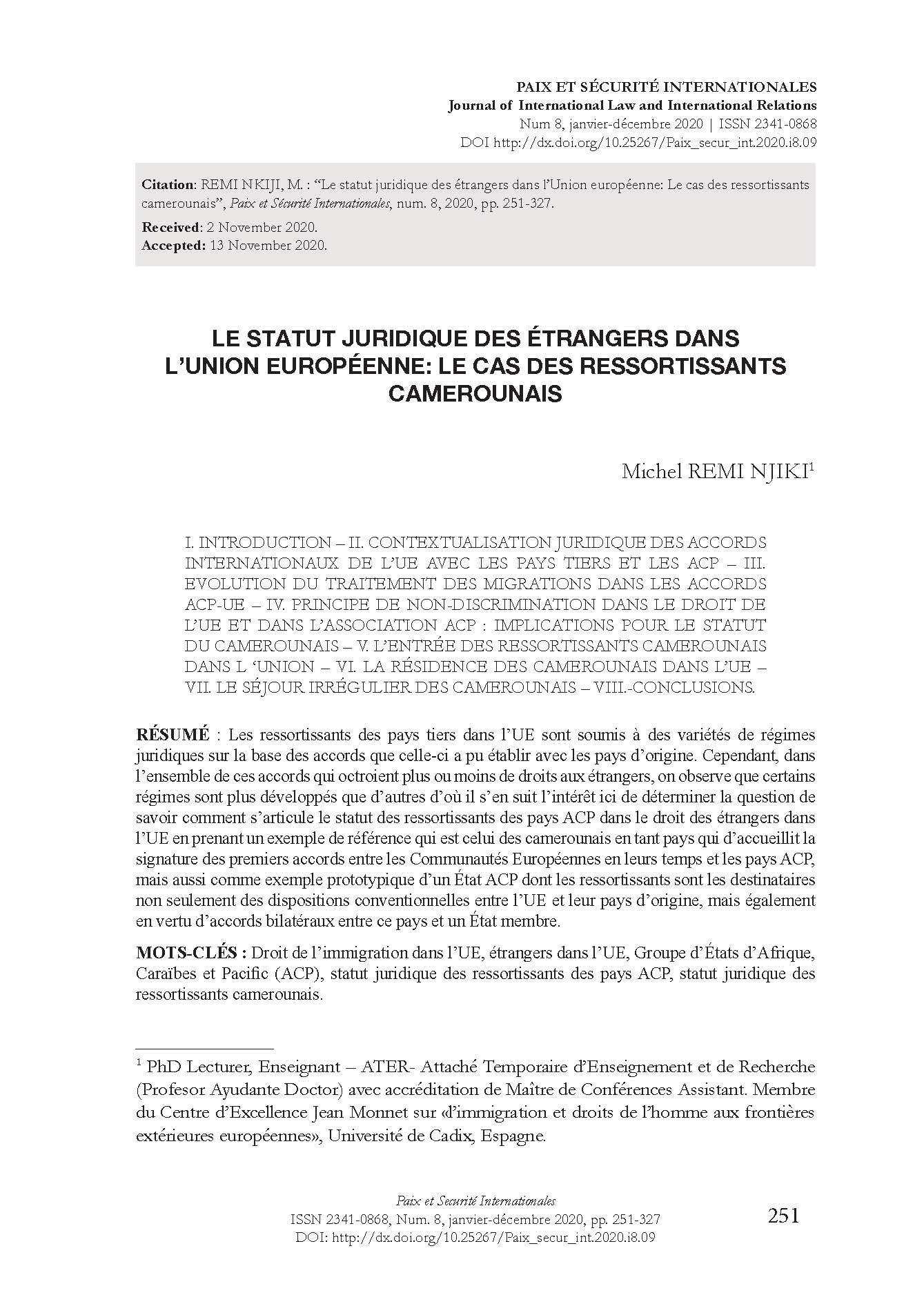 Le statut juridique des étrangers dans l’Union européenne: Le cas des ressortissants camerounais