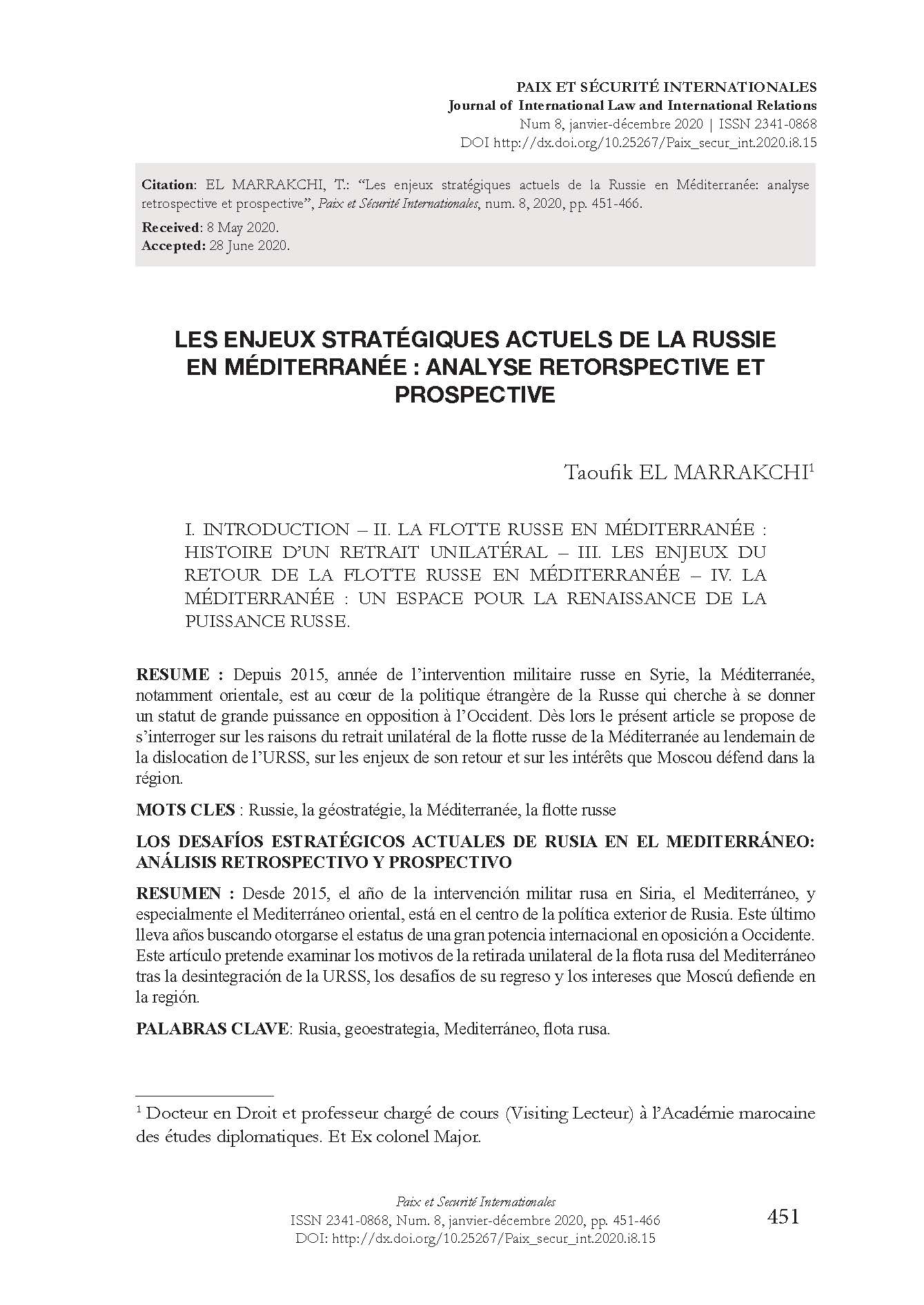Les enjeux stratégiques actuels de la Russie en Méditerranée: analyse retrospective et prospective