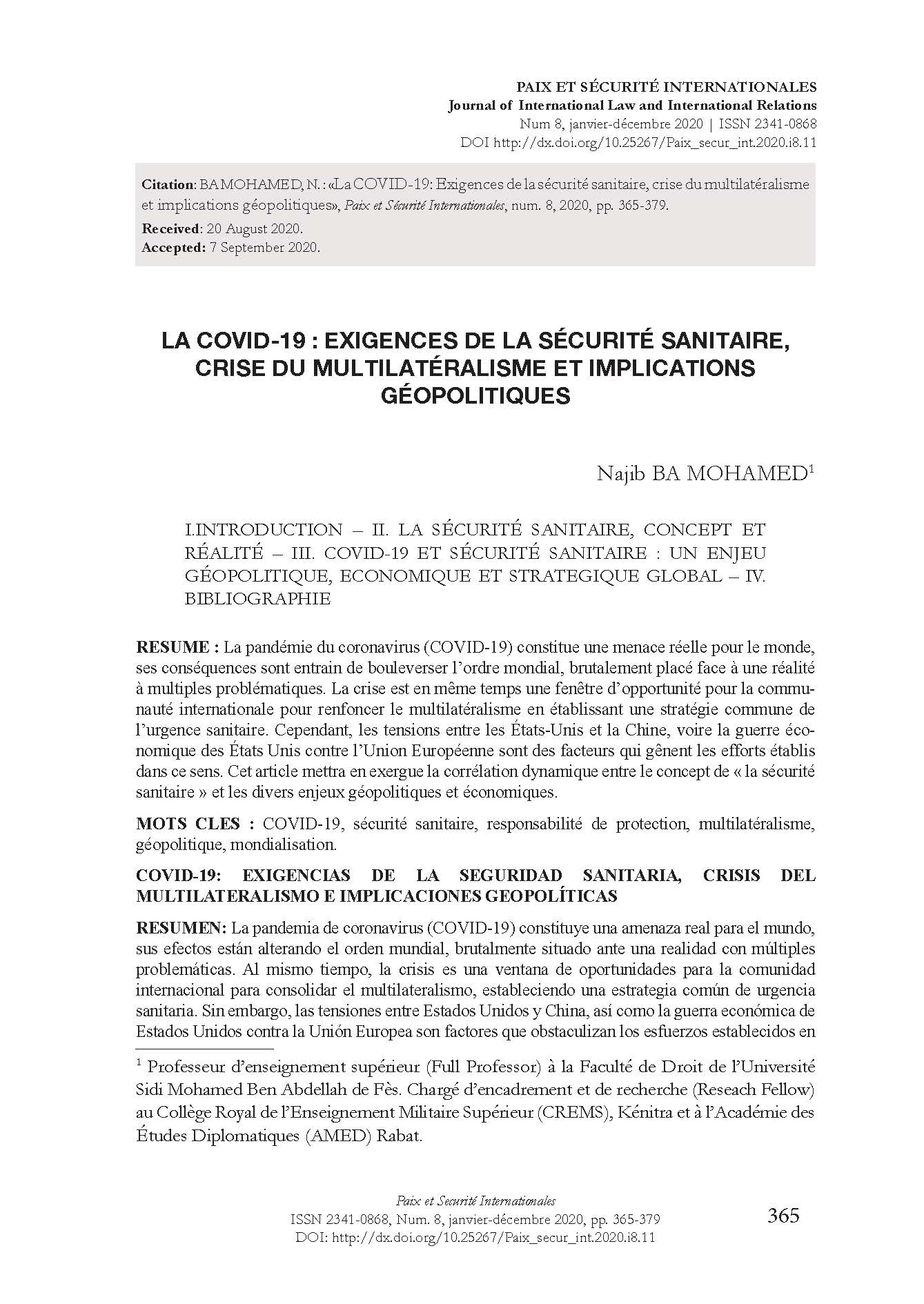La COVID-19: Exigences de la sécurité sanitaire, crise du multilatéralisme et implications géopolitiques