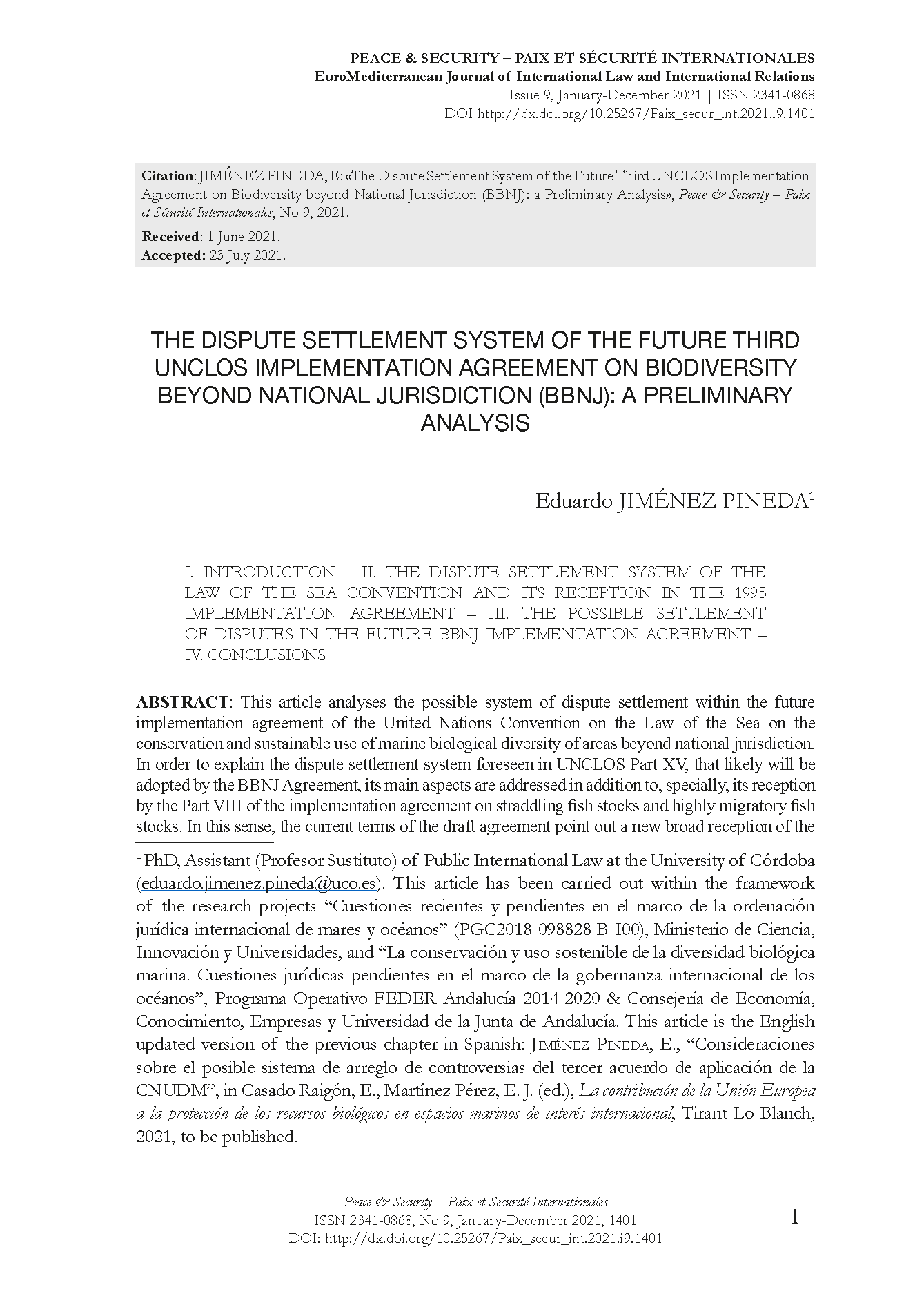 The Dispute Settlement System of the Future Third UNCLOS Implementation Agreement on Biodiversity beyond National Jurisdiction (BBNJ): a Preliminary Analysis