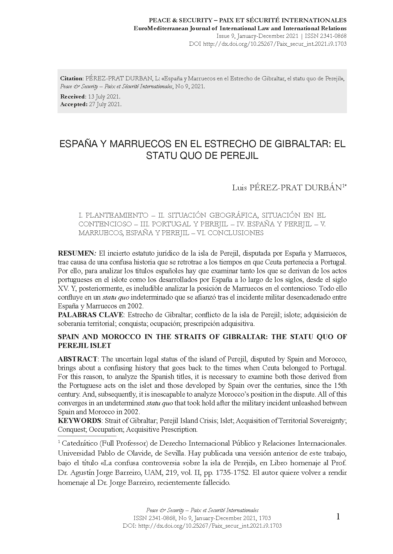 España y Marruecos en el Estrecho de Gibraltar, el statu quo de Perejil