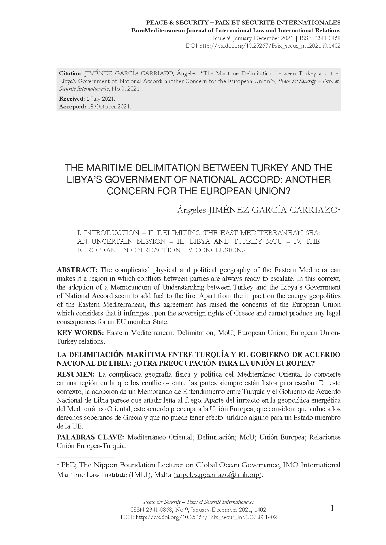 The Maritime Delimitation between Turkey and the Libya’s Government of National Accord: another Concern for the European Union?