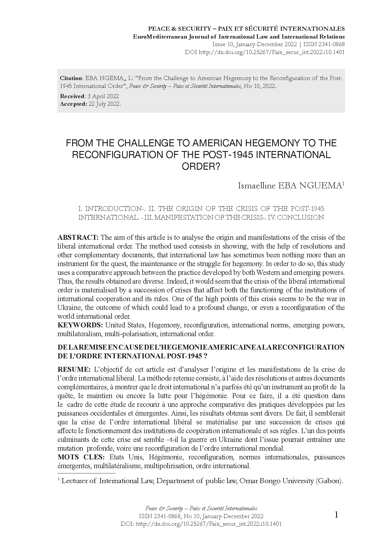 From the Challenge to American Hegemony to the Reconfiguration of the Post-1945 International Order