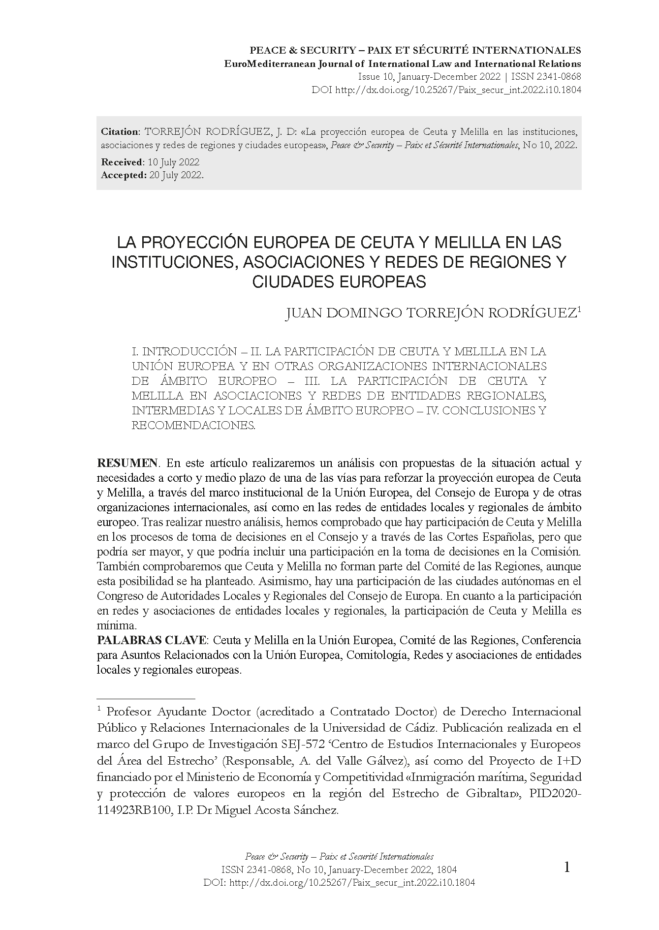 La proyección europea de Ceuta y Melilla en las instituciones, asociaciones y redes de regiones y ciudades europeas