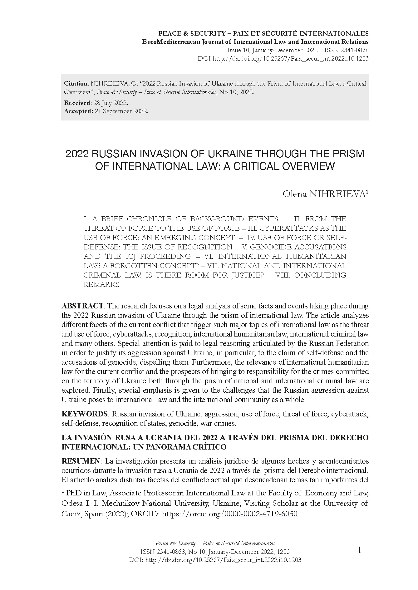 2022 Russian Invasion of Ukraine through the Prism of International Law: a Critical  Overview