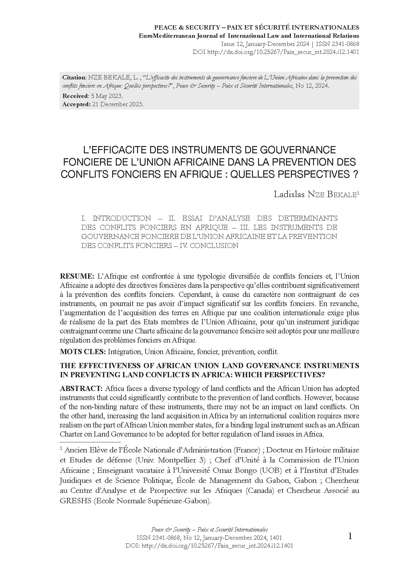 L’ efficacité des instruments de gouvernance foncière de l’Union Africaine dans la prévention des conflits fonciers en Afrique : Quelles perspectives ?  