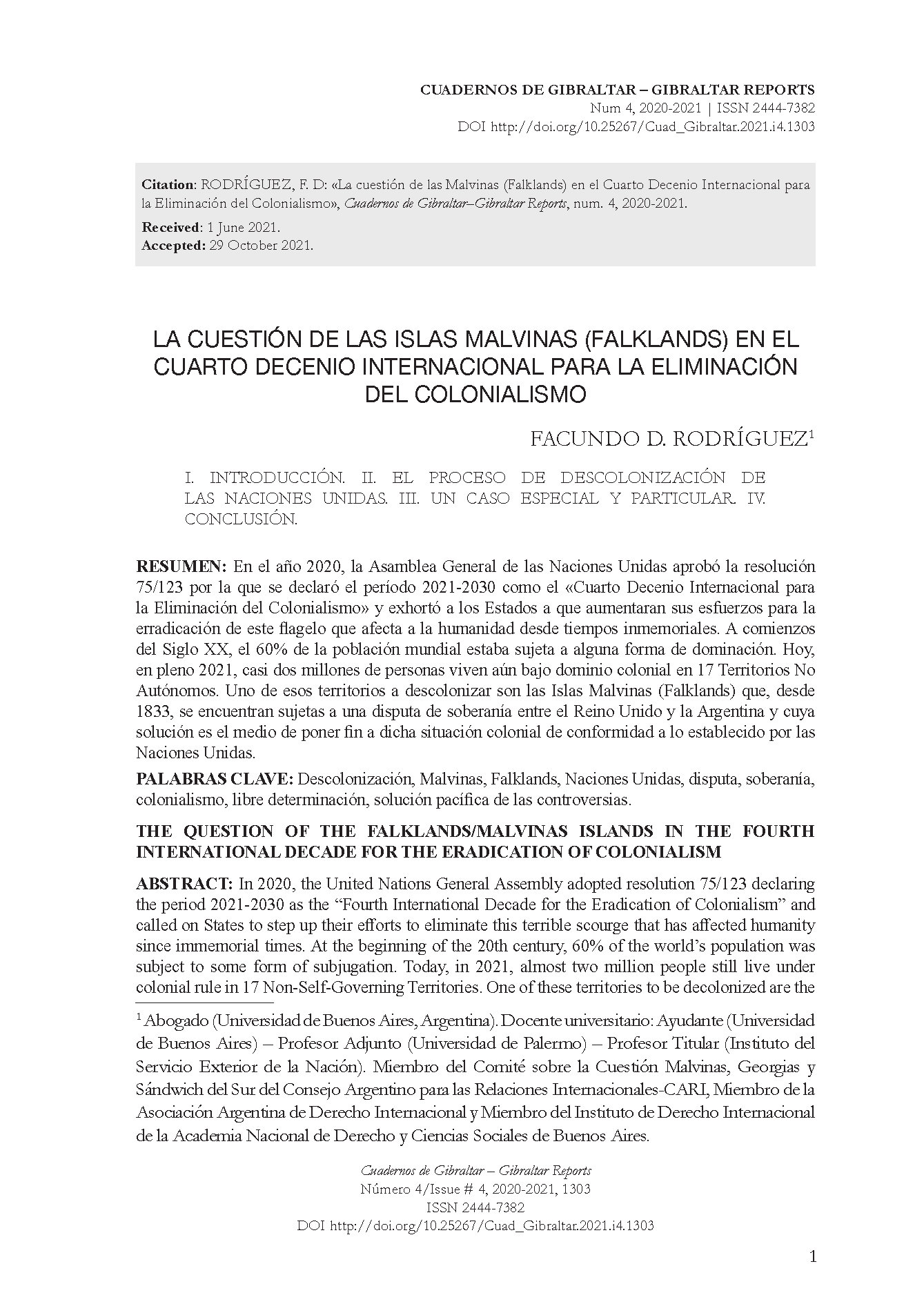 La cuestión de las Malvinas (Falklands) en el Cuarto Decenio Internacional para la Eliminación del Colonialismo